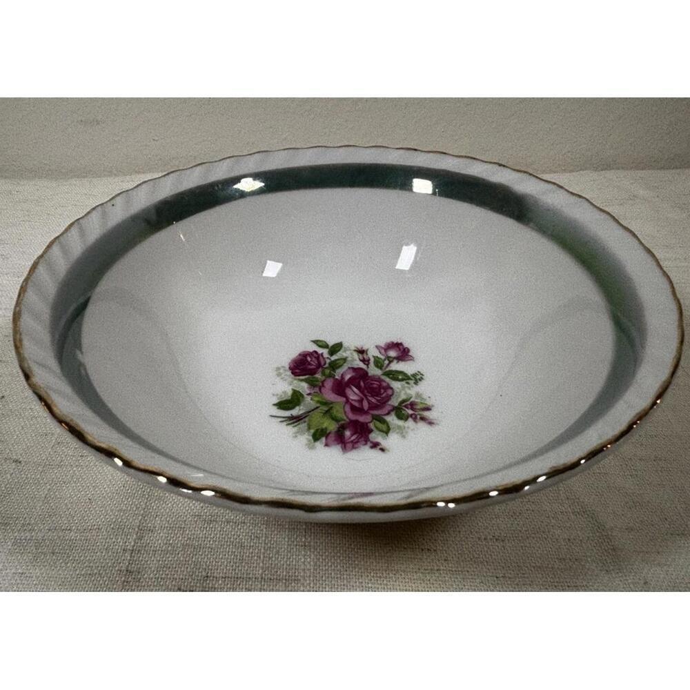 Vintage Japan Porcelain Bowl 6.75” – Roses, Green Band, Gold Trim